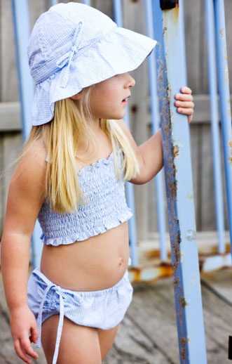 Paddle Girls Swimwear - childrens swimwear - Girls Two Piece Gingham Ties - blue ties with floppy hat