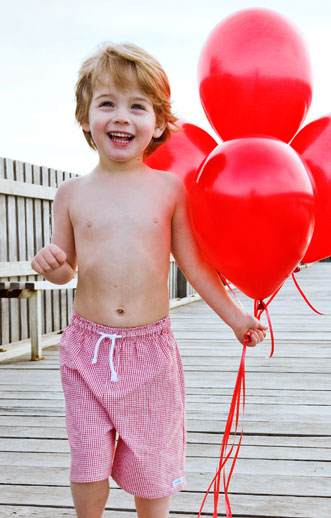 Paddle Boys Swimwear - childrens swimwear - gingham swimming trunks - image with balloons