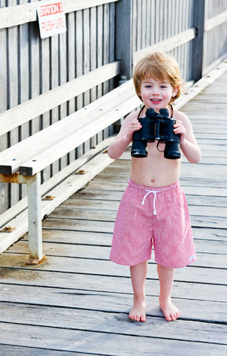 Paddle Boys Swimwear - childrens swimwear - gingham swimming trunks - image with binoculars